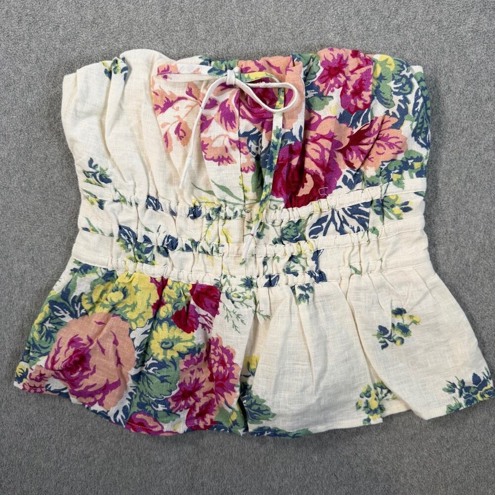 Anthropologie Women's Small Somerset Strapless Blouse Floral Smocked Linen Blend